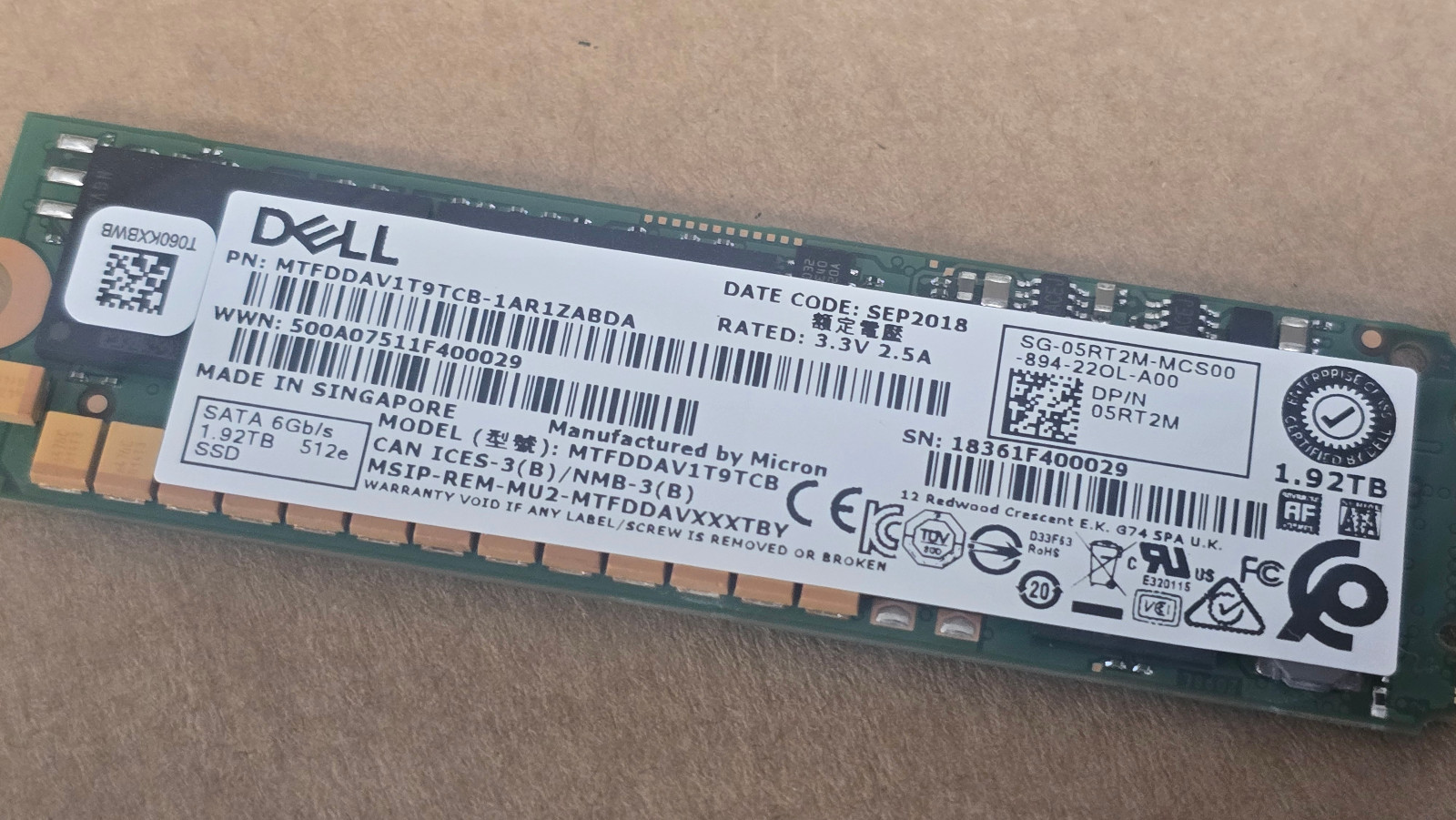 NEW DELL 1.92T M.2 SATA 2280 SSD Micron 5100 MTFDDAV1T9TCB 05RT2M 2YEAR WARRANTY 2