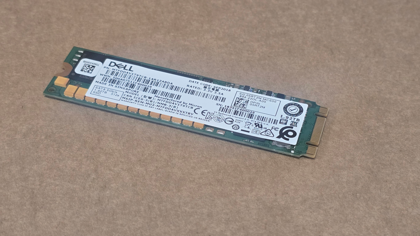 NEW DELL 1.92T M.2 SATA 2280 SSD Micron 5100 MTFDDAV1T9TCB 05RT2M 2YEAR WARRANTY