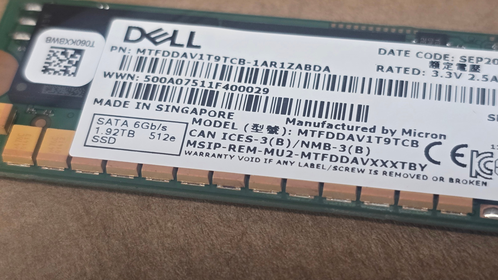 NEW DELL 1.92T M.2 SATA 2280 SSD Micron 5100 MTFDDAV1T9TCB 05RT2M 2YEAR WARRANTY 3
